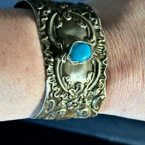 Antique Sterling Silver Cuff Bracelet Sleeping Beauty Turquoise 925 Victorian - Picture 4 of 12